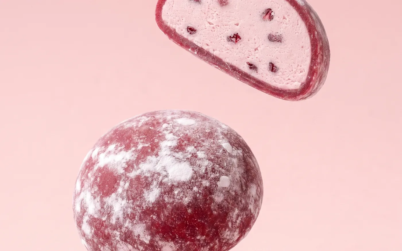 Pomegranate mochi, two halves
