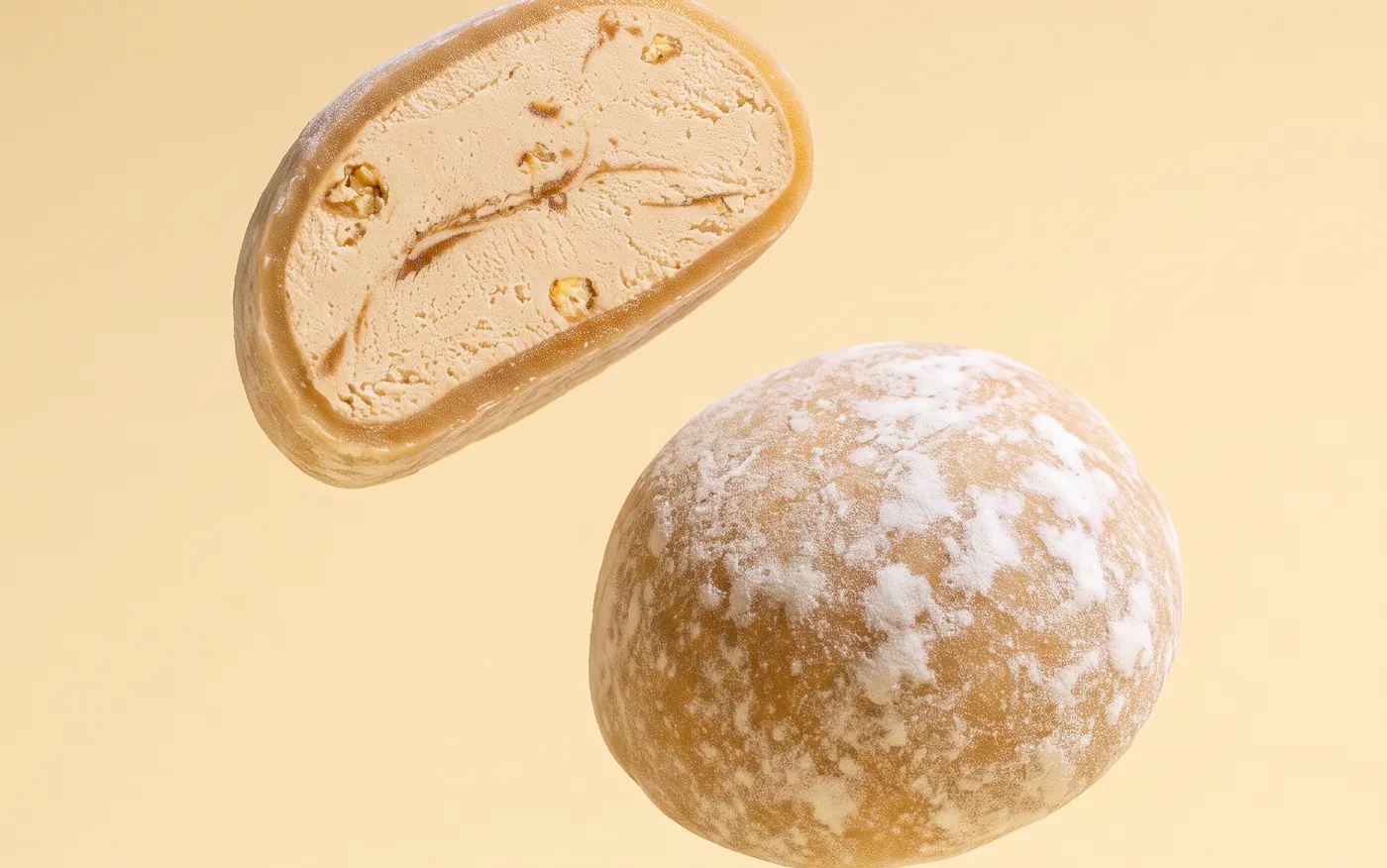 Popcorn Caramel mochi, two halves