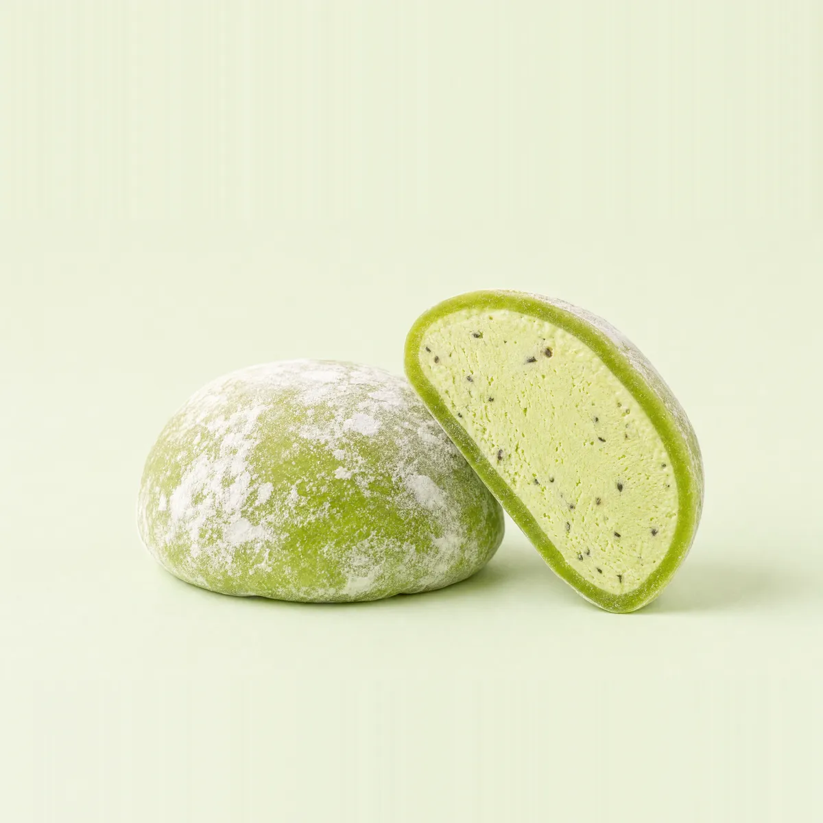 Kiwi mochi, whole and cut open