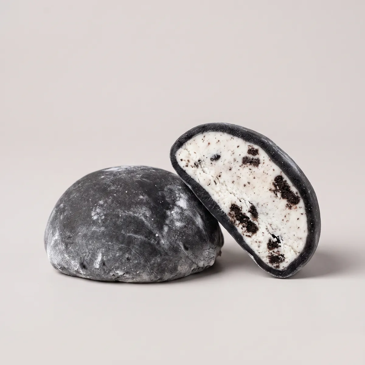 Oreo mochi, whole and cut open