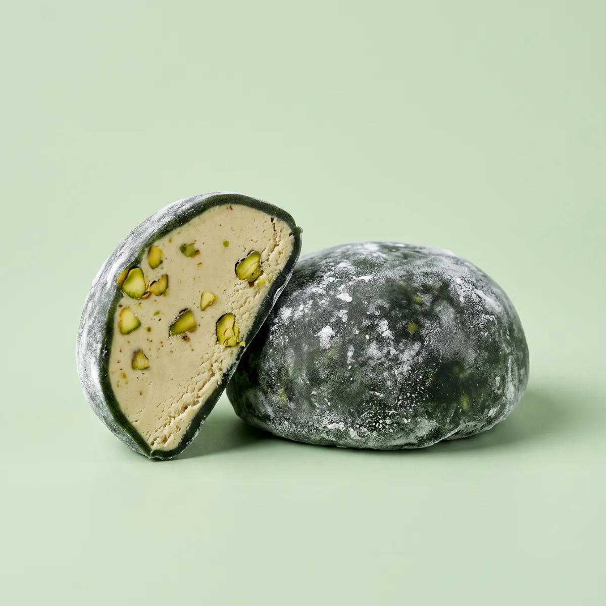 Pistachio mochi, whole and cut open