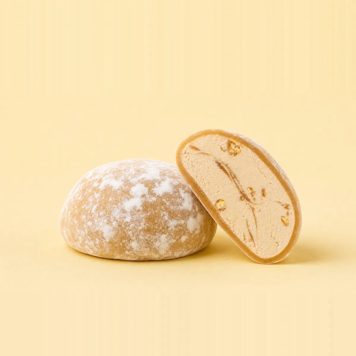 Popcorn Caramel mochi, whole and cut open