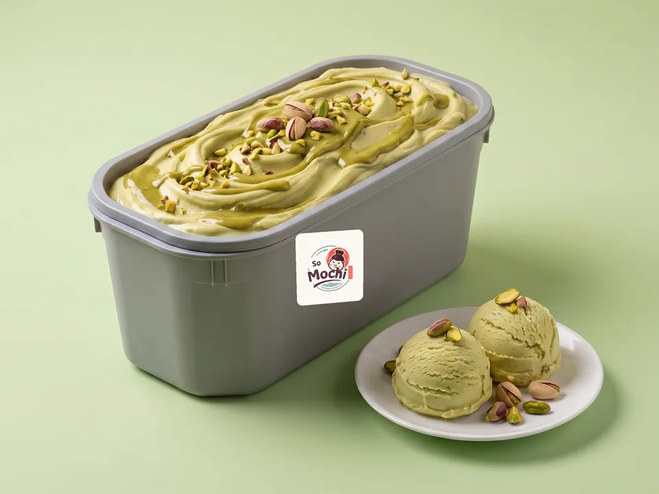 A five-litre tub of So Mochi pistachio gelato