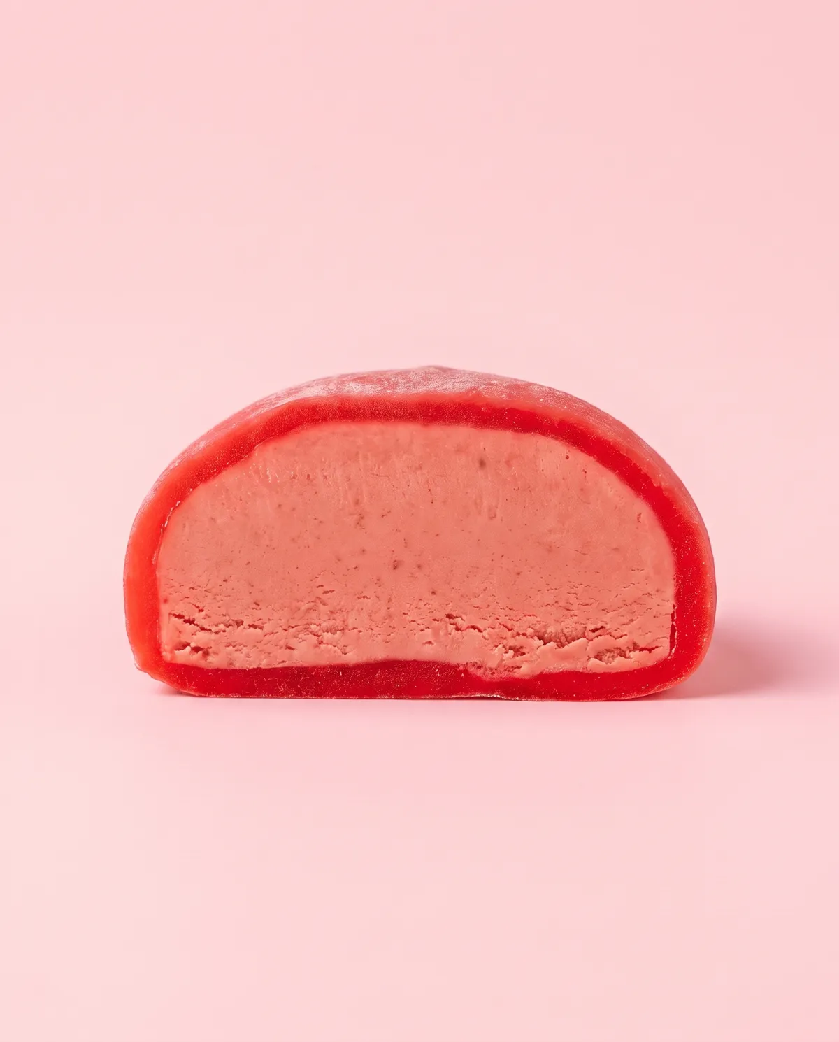 The same strawberry mochi cut in half: a thin ring of red dough around pink ice cream