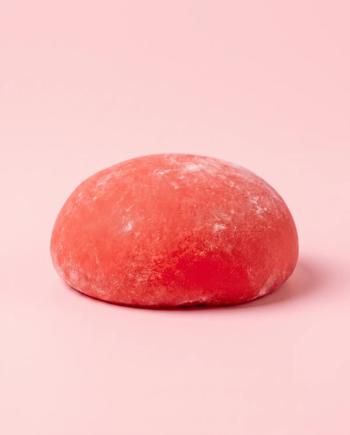 A whole strawberry jumbo mochi: a round dome of soft red dough